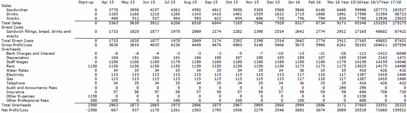 Projected profit and loss