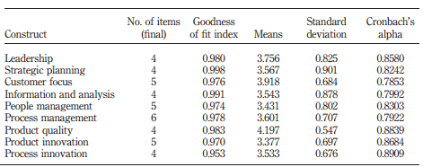 Construct validity and reliability and values for composite measures.