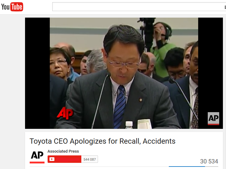 YouTube Video Demonstrating Toyota's CEO Public Apology.