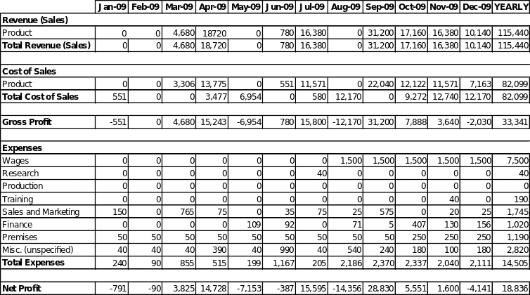 Profit and Loss Porjection if all orders were fulfilled in 2009