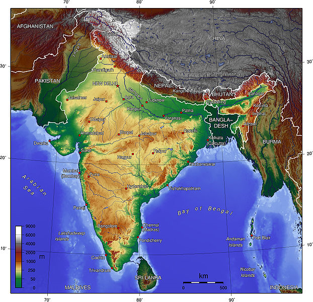 Topographic map of India