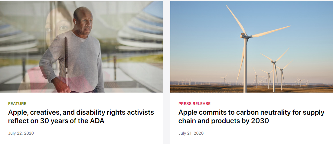 News dated July 21 and July 22, 2020, in Apple’s Newsroom