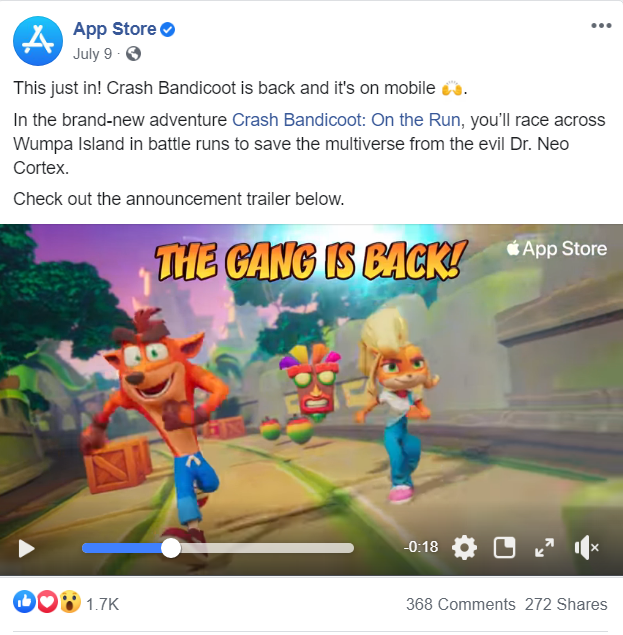 A Facebook post announcing the mobile game launch 