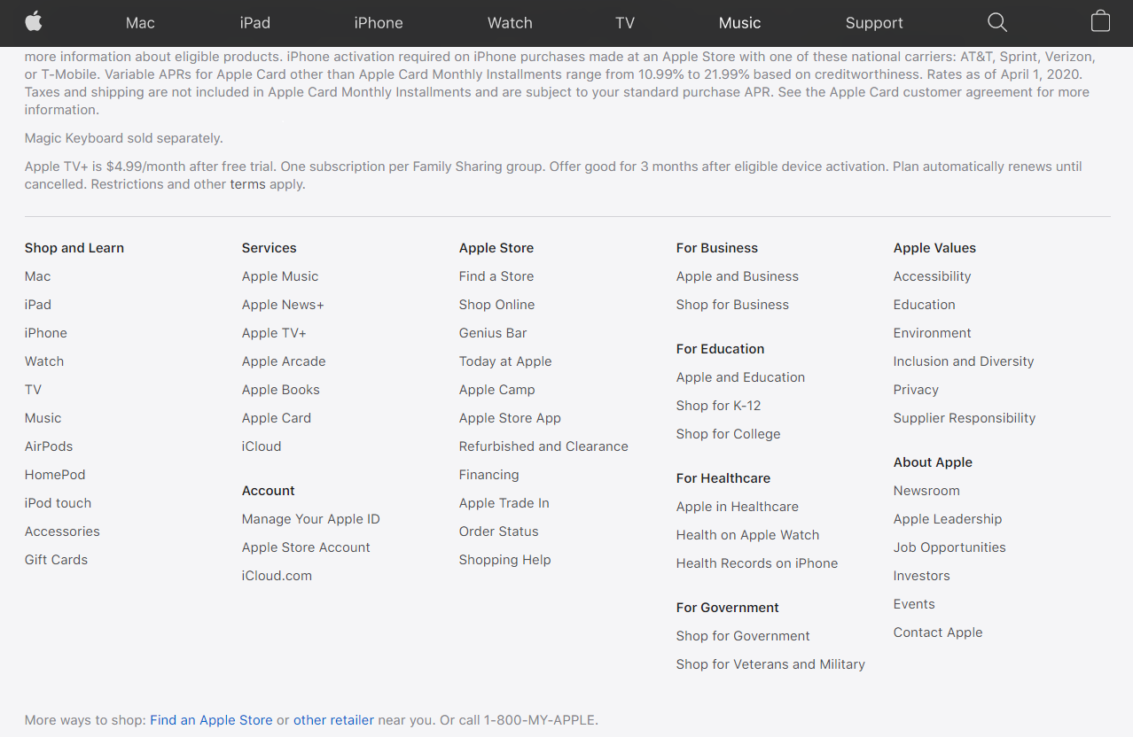 The top and bottom menus on Apple’s website