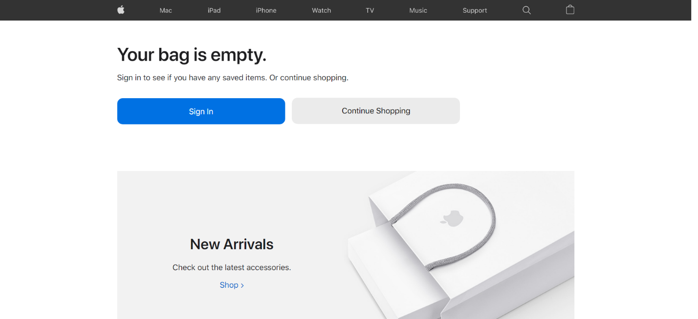 Apple’s website offers the customer to sign in on the Bag page