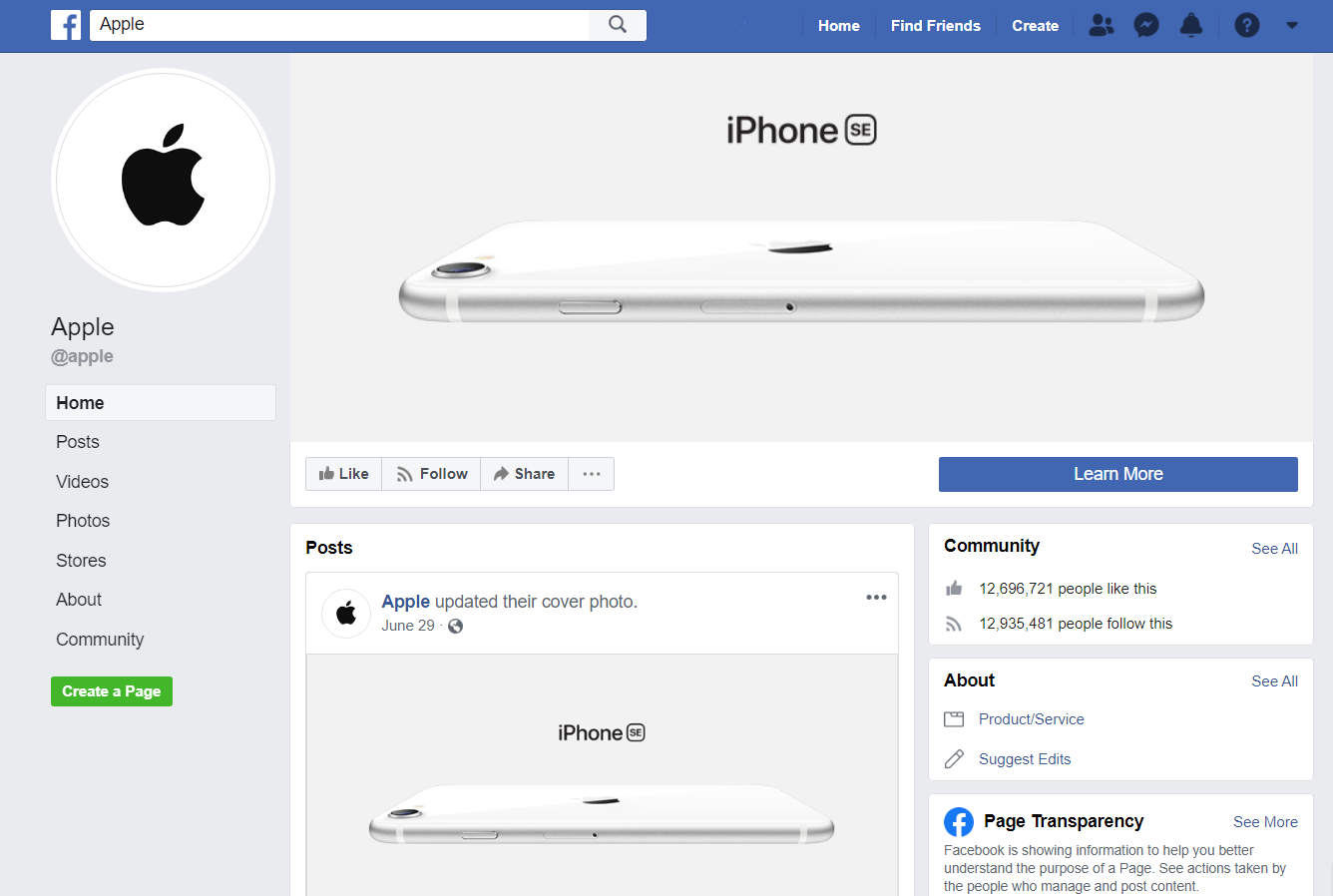 Not verified Facebook page that appears first in Google search results for “Apple Facebook”