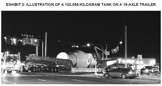 Illustration of a 102,058-kilogram tank on a 19-axle trailer.