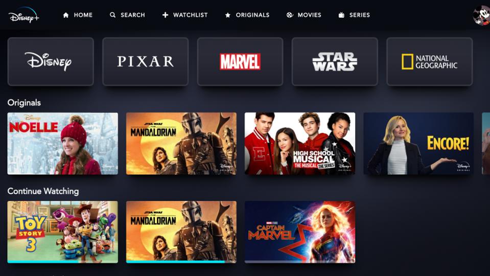 A screen shot of Disney+ home screen demonstrating the use of the company’s branding.