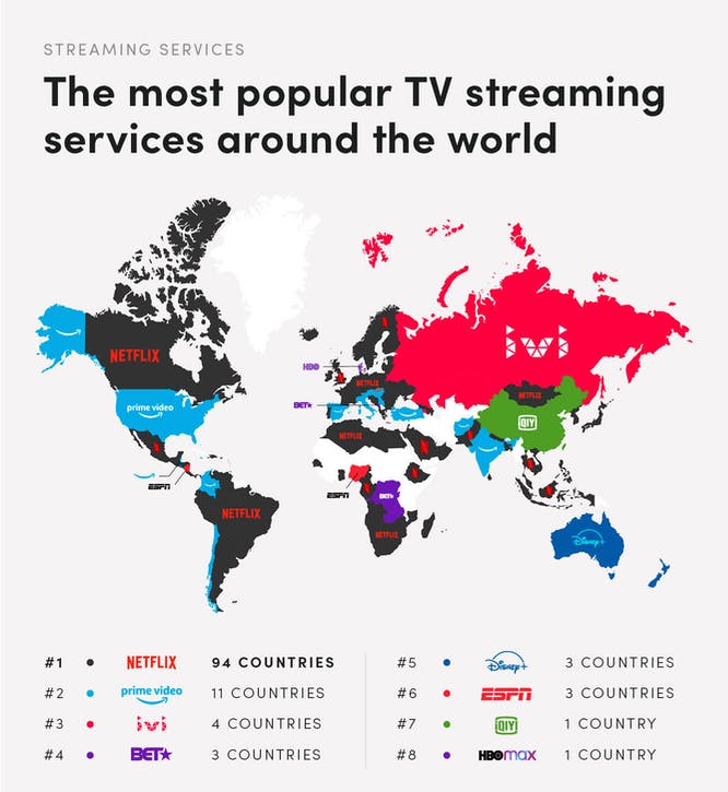 Map showing the most popular streaming service by region