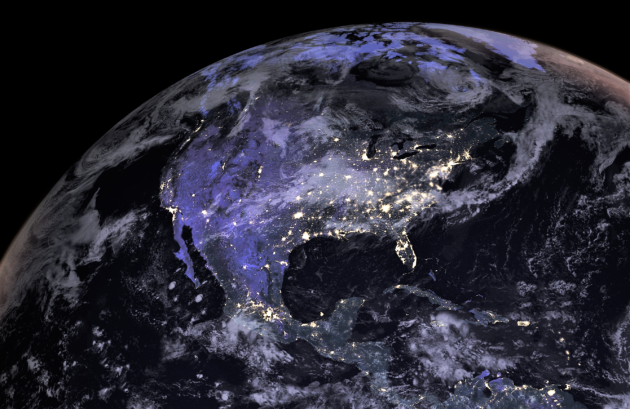 A composite photo from the Suomi National Polar-Orbiting Partnership satellite shows North America at night.