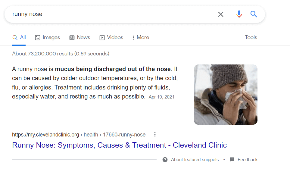 The screenshot demonstrates an example of a health condition search on Google.