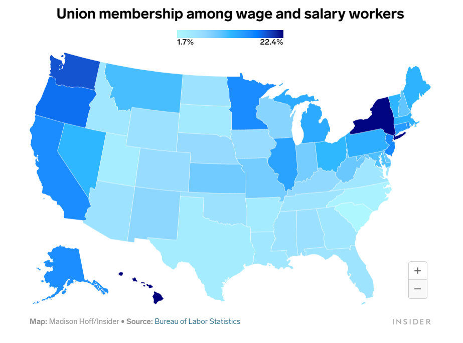 Percentage of Unionized Workers by State 